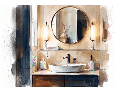 Aquarellillustration eines modernisierten Badezimmers mit Waschtisch, rundem Spiegel, Wandbeleuchtung und neuen Oberflächen als Beispiel für eine Badauffrischung ohne Komplettsanierung