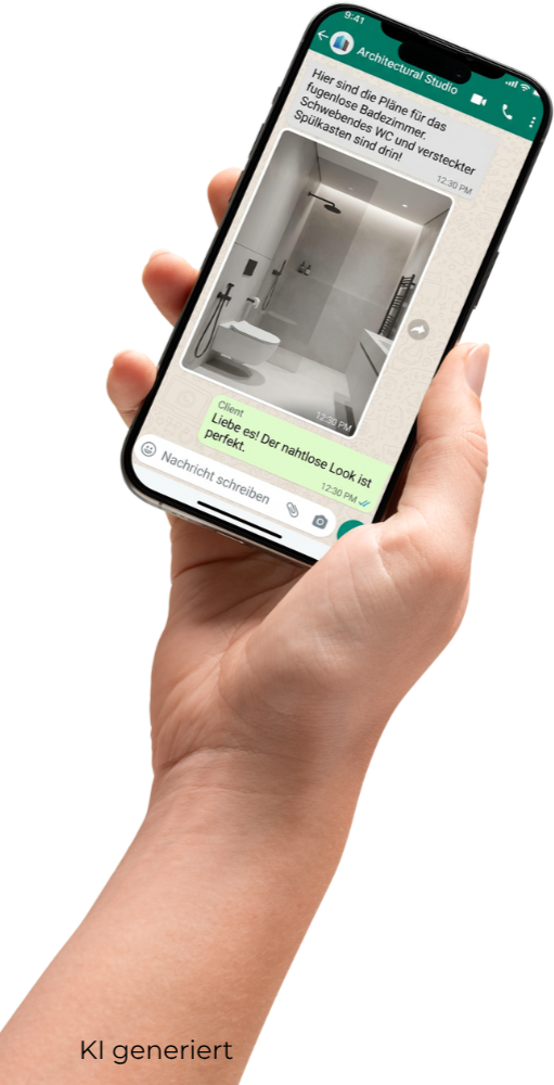 Hand mit Smartphone: In einem WhatsApp-Chat wird ein Badezimmerfoto für eine erste Einschätzung fugenloser Oberflächen gesendet