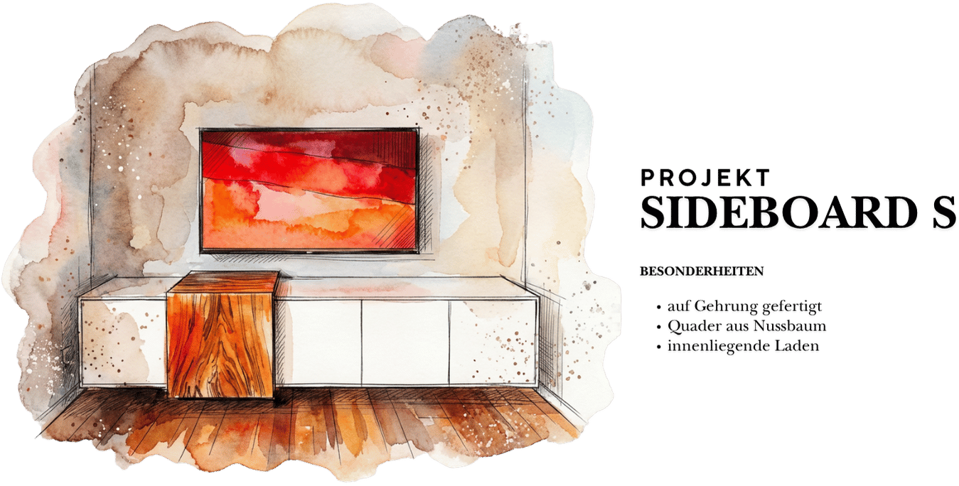 Aquarell-Illustration eines maßangefertigten TV-Lowboards mit einem großen Flachbildfernseher mit rotem Hintergrund darüber