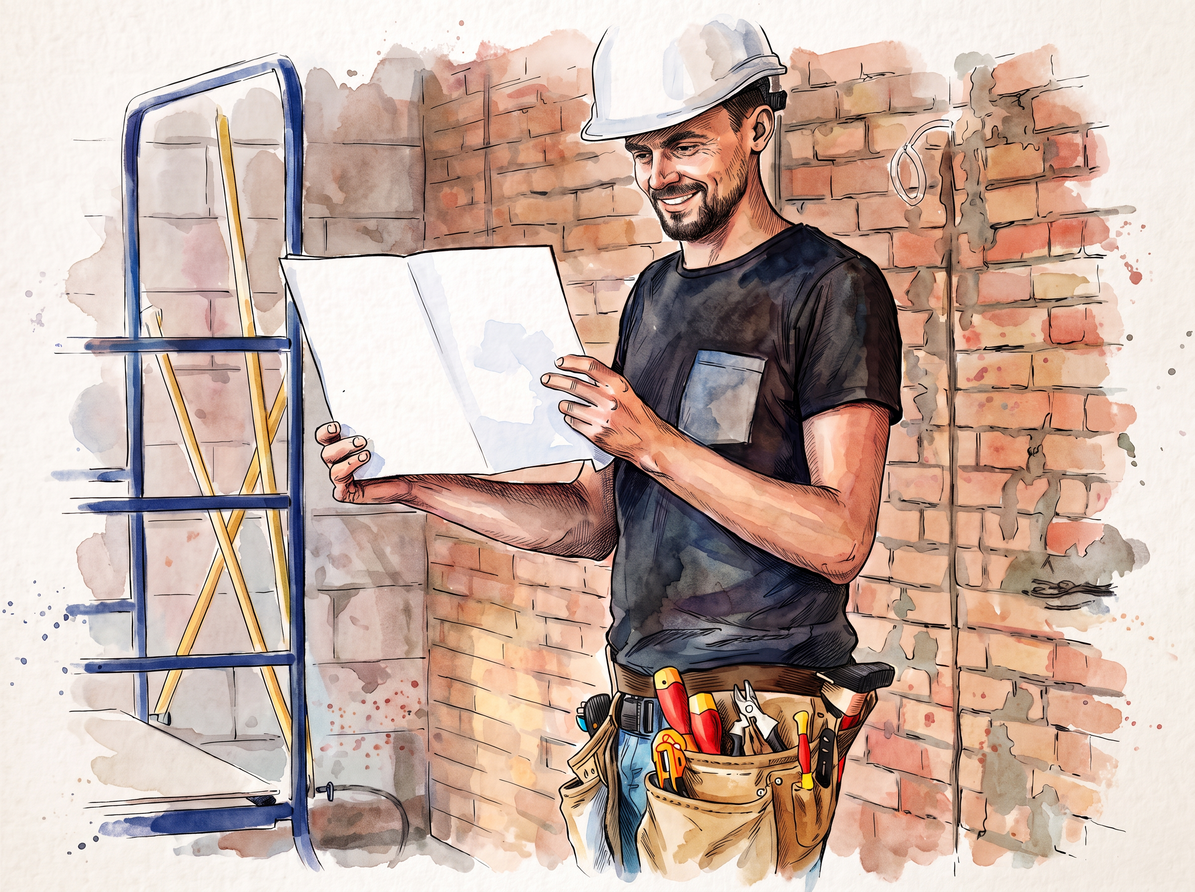 Aquarellillustration eines Baumeisters bei der Planung von Rohbau, Umbau und strukturellen Arbeiten für Renovierungs- und Interior-Projekte