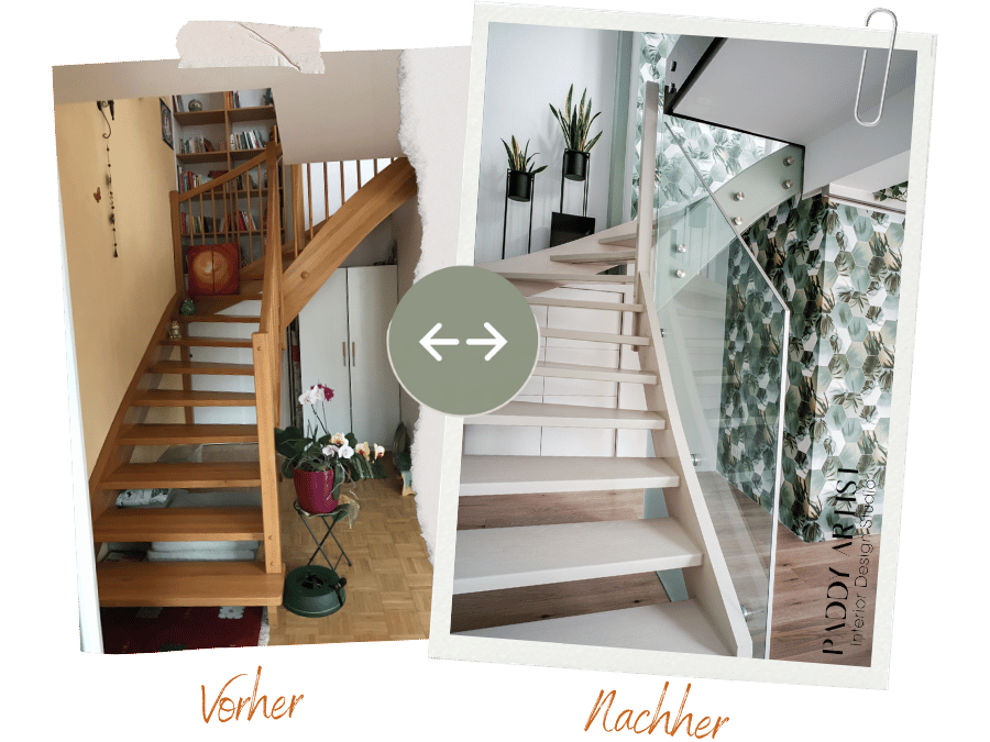 Vorher-Nachher-Vergleich einer Treppe: offenes Holzgeländer und dunklere Stufen vor dem Umbau, danach helle Stufen, ein Glasgeländer und eine Wand mit Pflanzenmuster.