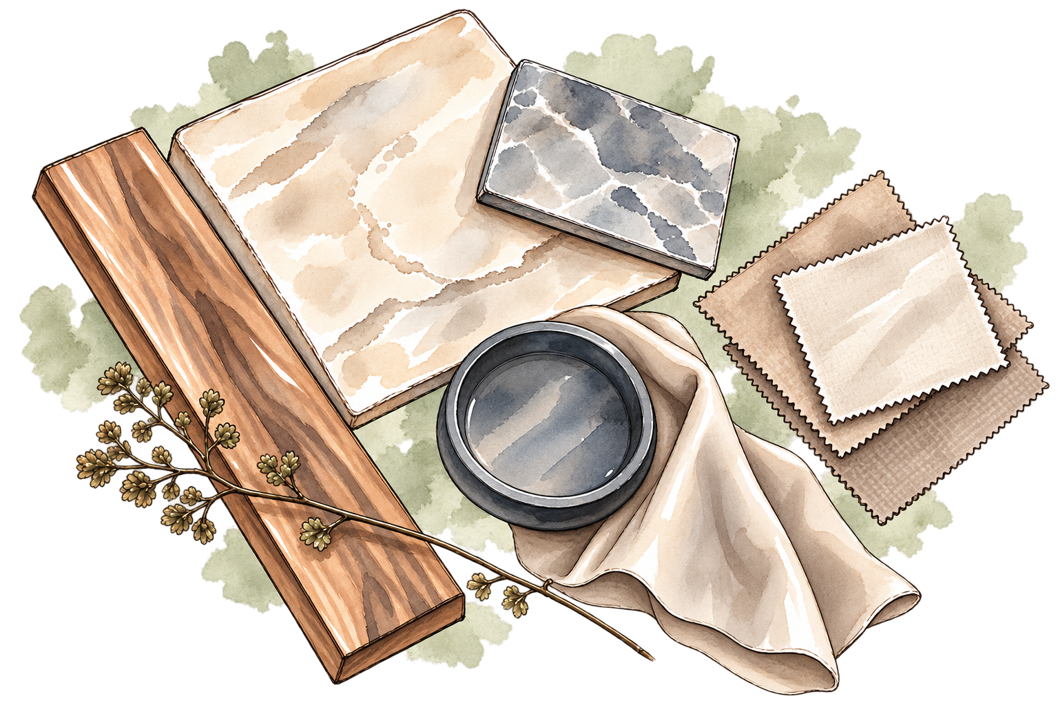 Aquarell-Illustration von Stoff- und Materialmustern