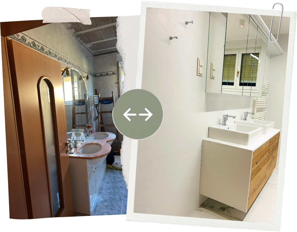 Vorher-Nachher-Vergleich einer Badsanierung: Aus einem gefliesten Bad mit älterem Doppelwaschtisch wird ein helles Badezimmer mit zwei Aufsatzwaschbecken, Holzfronten und Spiegelschrank
