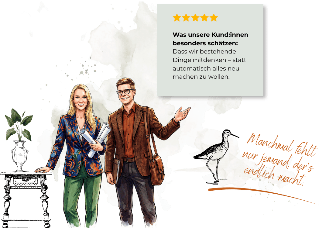 Illustration eines Interior-Design-Teams mit 5-Sterne-Kundenfeedback als Symbol für persönliche Beratung, nachhaltige Raumgestaltung und Renovierung mit sinnvoller Integration bestehender Möbel und Elemente.