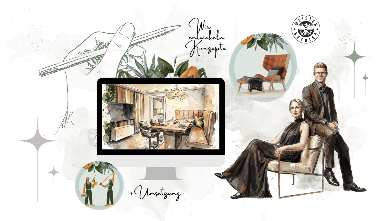 Aquarellcollage zur Innenraumgestaltung: Eine Hand zeichnet, auf einem Bildschirm ist ein Essbereich entworfen, daneben sitzen zwei Interior Designer; Möbel und Handwerker stehen für Planung und Umsetzung.