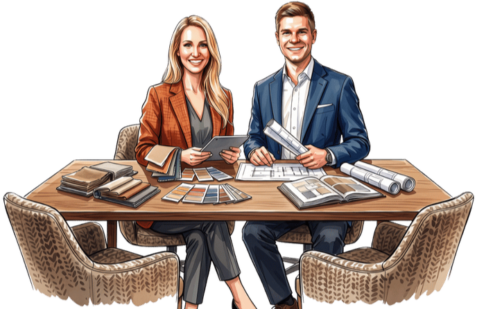Illustration einer Interior Designerin und eines Interior Designers bei der Raumplanung mit Grundriss, Farb- und Materialmustern