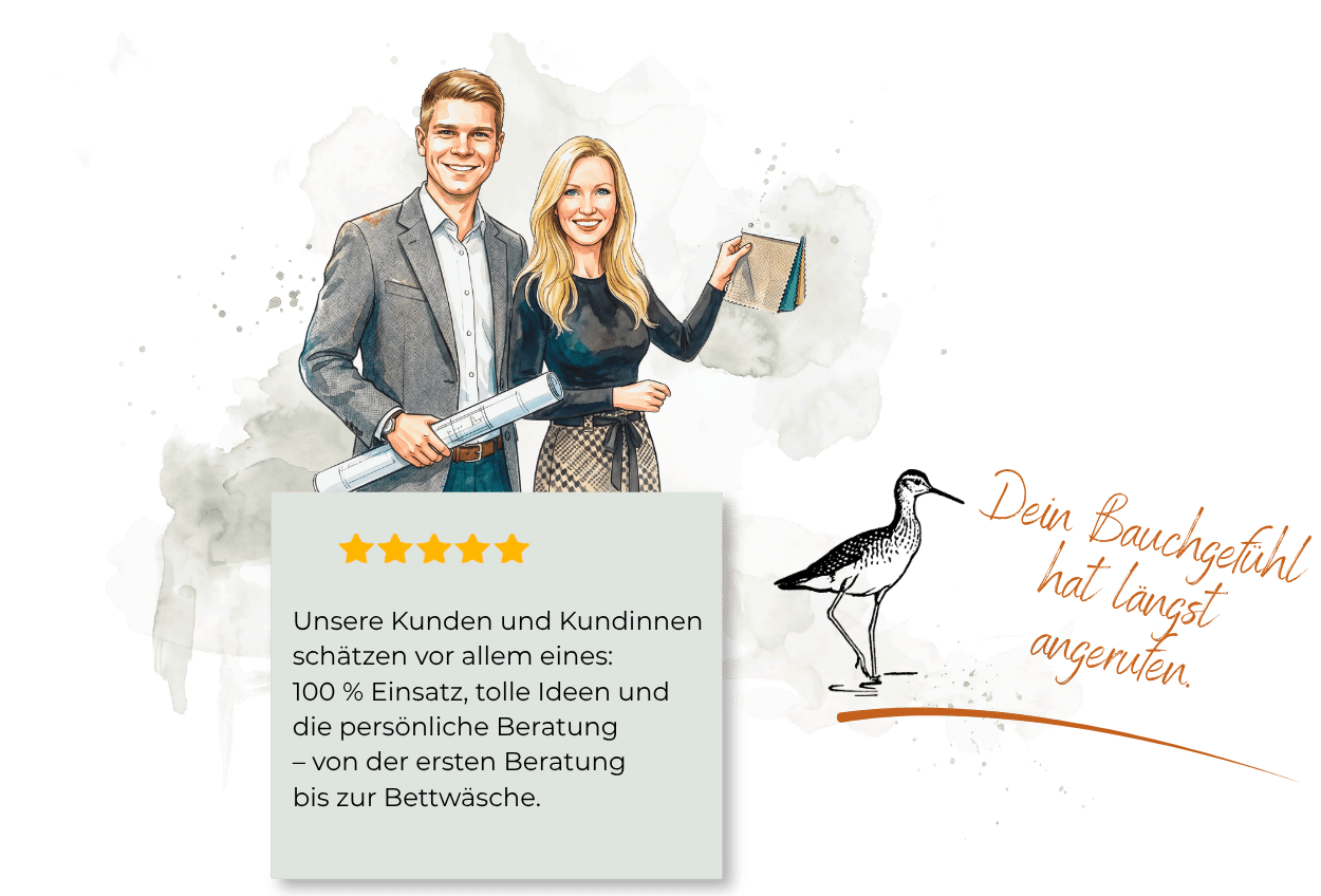 Illustration des Paddy Artist Teams mit Bauplan und Stoffmustern neben einer Fünf-Sterne-Bewertung zu Einsatz, Ideen und persönlicher Beratung.
