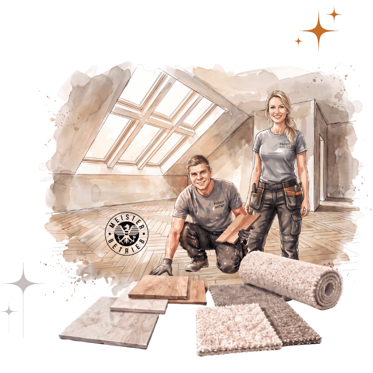 Aquarell-Illustration von 2 Handwerkern der Paddy Artist Design GmbH mit Böden- & Teppichmustern und sichtbarem Gütesiegel Meisterbetrieb