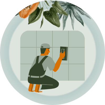 Icon für fugenlose Oberflächen mit einem Handwerker, der eine Wand bearbeitet