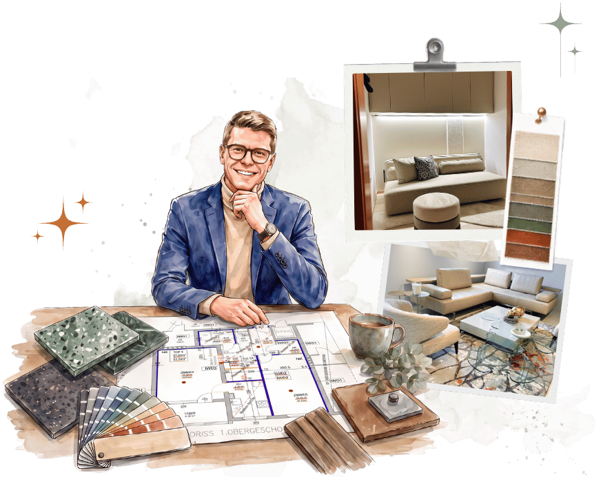 Illustration einer persönlichen Interior-Design-Beratung mit Grundriss, Materialmustern, Farbauswahl und Wohnbeispielen für individuelle Raumplanung und Einrichtungskonzepte