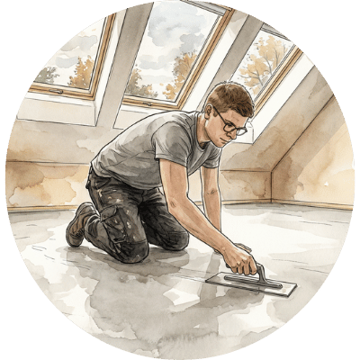 Illustration eines Handwerkers, der eine fugenlose Bodenoberfläche mit einer Glättkelle bearbeitet