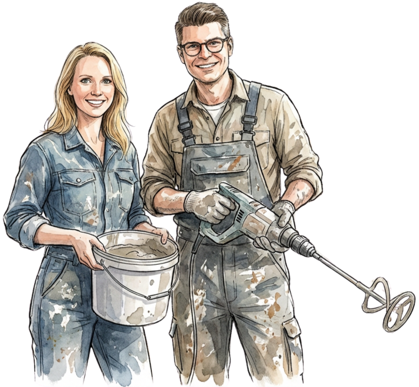 Illustration zweier Handwerker mit Eimer Spachtelmasse und Rührgerät für die Herstellung fugenloser Oberflächen