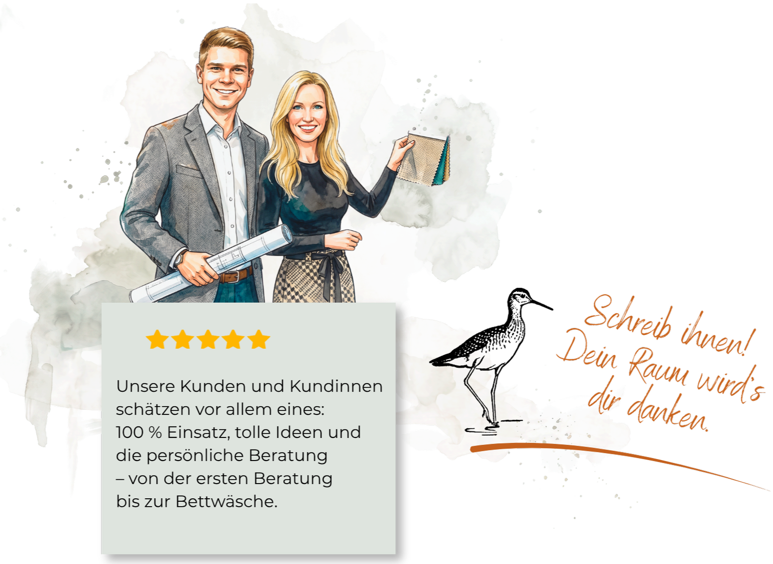 Illustration eines Interior-Design-Teams mit Plänen und Materialmustern, 5-Sterne-Kundenfeedback und humorvollem Vogel-Statement als Symbol für persönliche Beratung, Raumplanung und professionelle Projektbegleitung.
