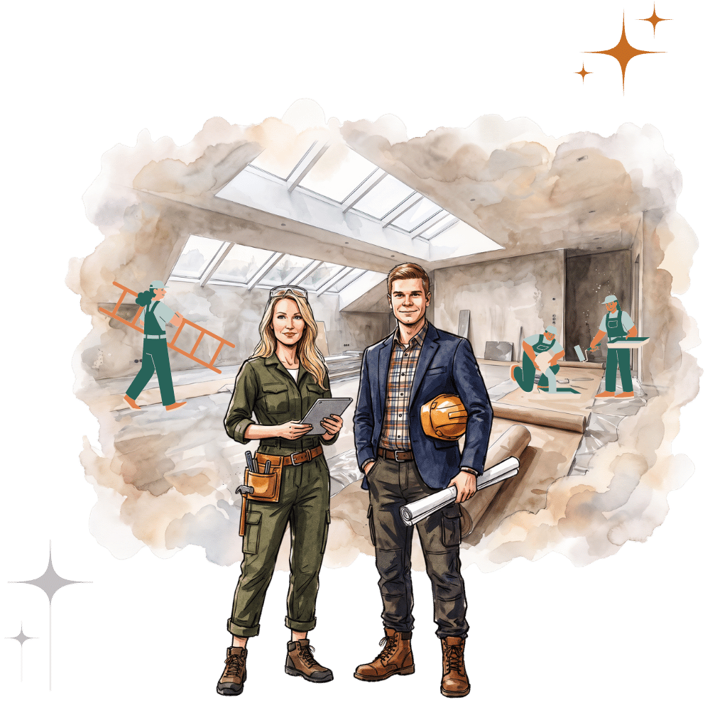 Aquarell-Illustration des Handwerker-Teams der Paddy Artist Design GmbH