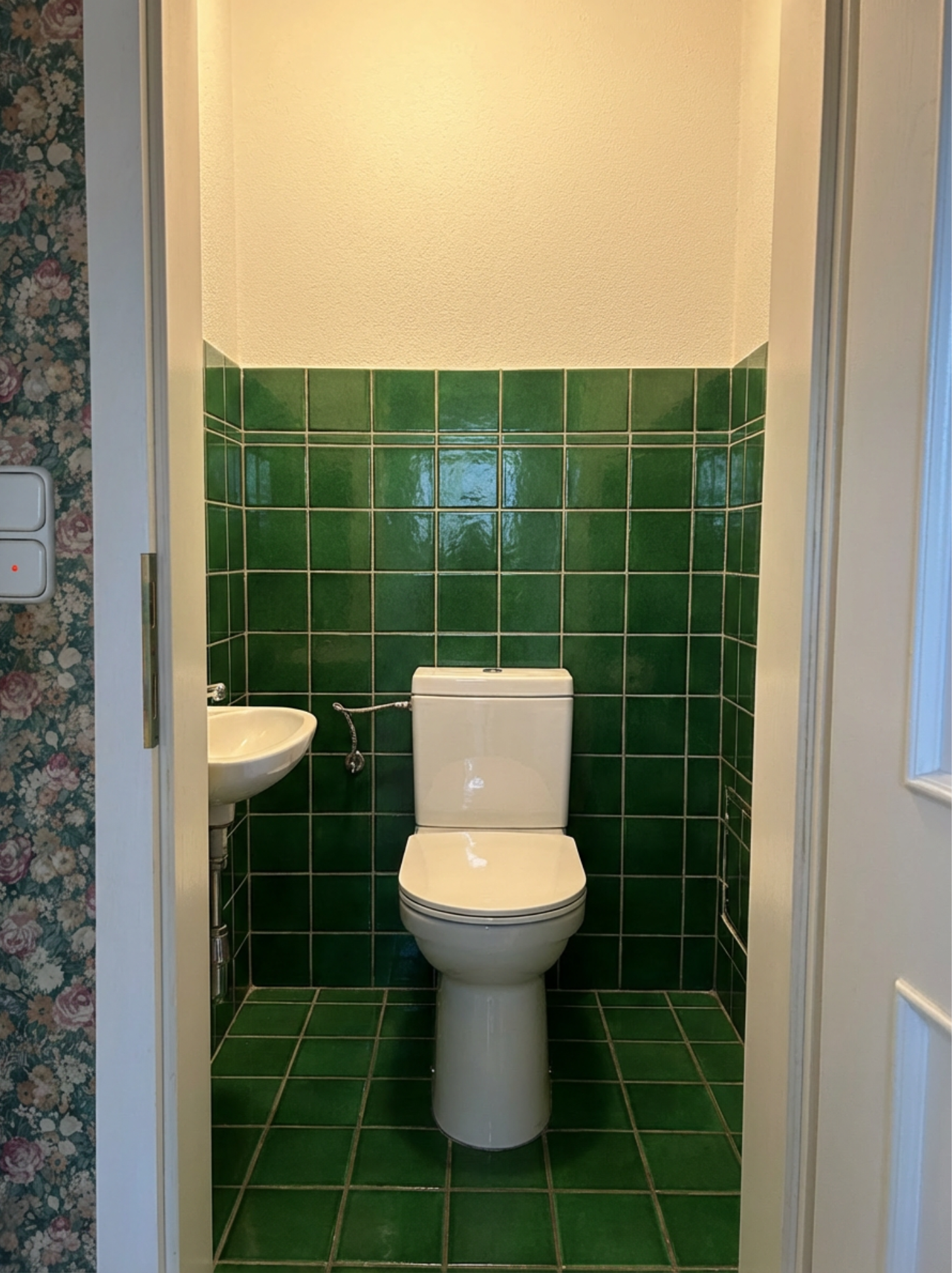 Vorher-Bild eines kleinen WCs mit grünen Wand- und Bodenfliesen vor der Modernisierung und Neugestaltung