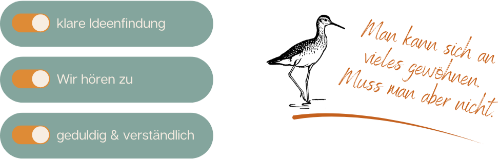 Grafik zur persönlichen Interior-Design-Beratung mit den Aussagen „klare Ideenfindung“, „Wir hören zu“ und „geduldig & verständlich“ sowie humorvoller Illustration eines Vogels