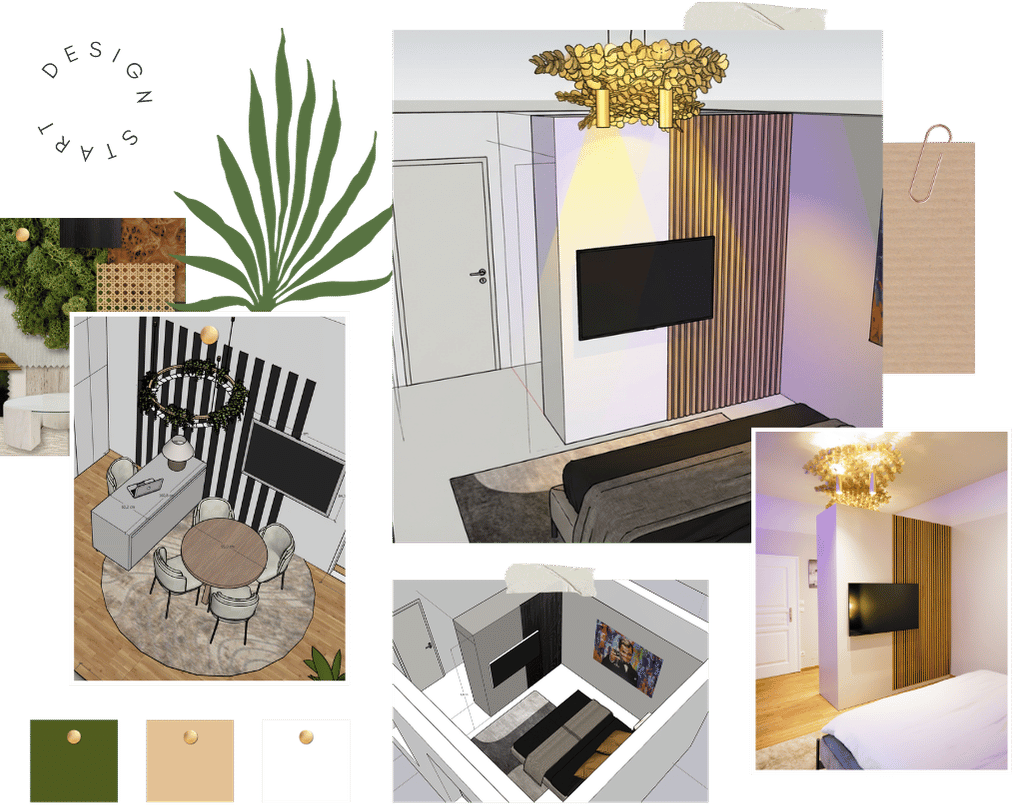 Moodboard zur Schlafzimmergestaltung mit 3D-Planung und fertigem Raum: TV-Wand mit Holzlamellen, maßgefertigter Raumteiler und goldene Deckenleuchte