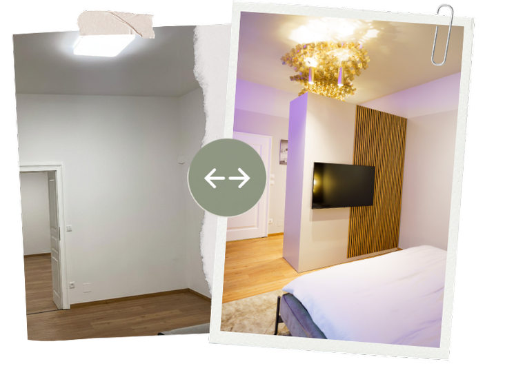 Vorher/Nachher Bild eines Schlafzimmers, welches nun modern und stillvoll mit Hotelcharakter eingerichtet worden ist