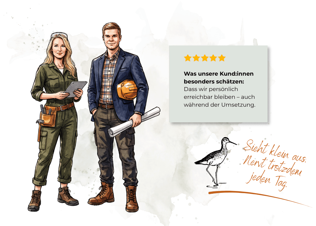 Illustration einer Planerin und eines Handwerkers mit Fünf-Sterne-Bewertung für persönliche Erreichbarkeit bei Renovierungsprojekten in Wien
