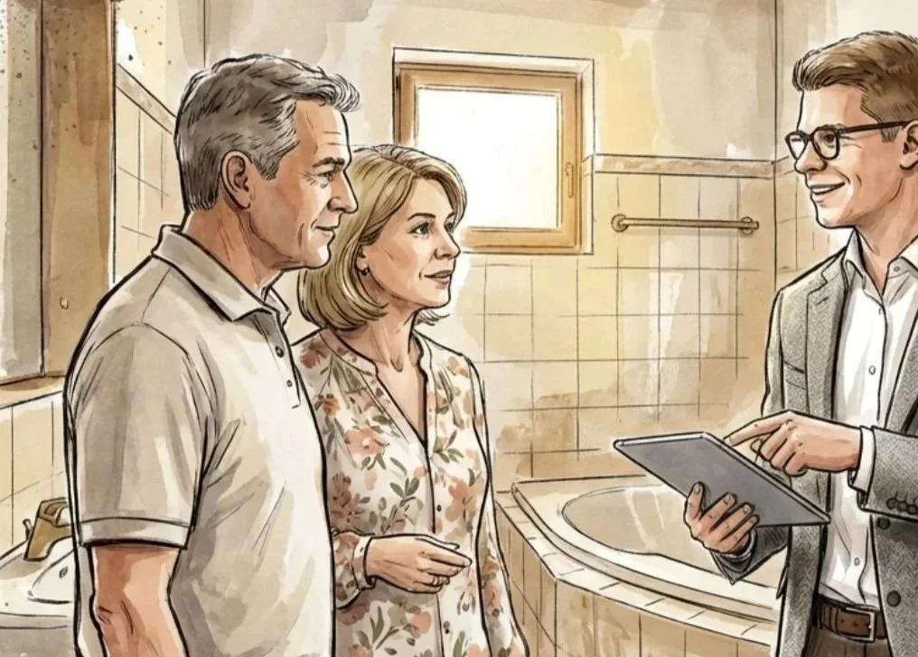 Illustration eines Handwerkers, der eine fugenlose Beschichtung mit der Glättkelle auf Wandfliesen aufträgt