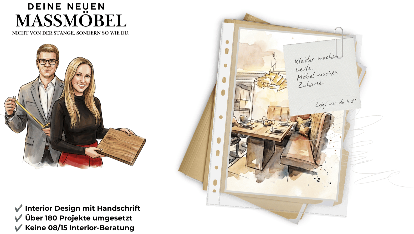 Aquarellillustration eines Essbereichs mit maßgefertigter Sitzbank, Esstisch und Einbauschrank, ergänzt durch Materialmuster und eine handschriftliche Notiz