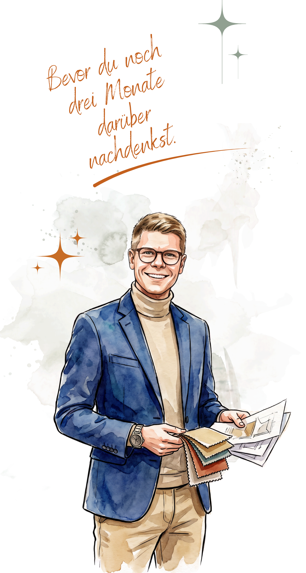 Illustration eines lachenden Mannes mit Brille, anzugähnlicher Kleidung und einem Stapel Farbfächer, in den Händen haltend.