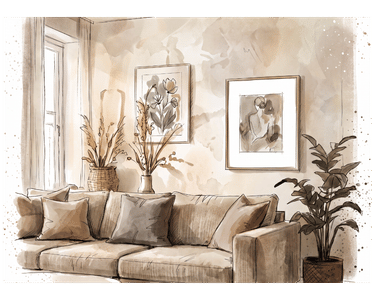 Aquarellillustration eines stilvoll eingerichteten Wohnzimmers mit Sofa, Pflanzen, Wandbildern und harmonischer Farbgestaltung als Beispiel für Interior Design und Raumoptimierung