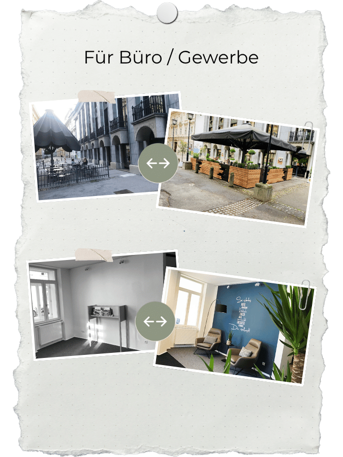 Zwei Vorher-nachher-Vergleiche für Gewerberäume: ein Außenbereich mit Gastgarten und ein schlichtes Büro, das zu einem gestalteten Besprechungsraum wird.