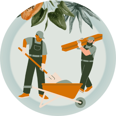 Icon für Projektkoordination mit zwei Handwerkern, Schubkarre und Baumaterial