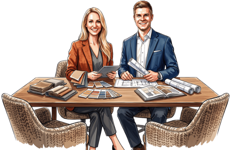 Illustration eines Interior-Design-Teams bei persönlicher Beratung mit Grundrissen, Materialmustern, Farbmustern und Einrichtungskonzepten für individuelle Raumplanung und professionelle Projektbegleitung.