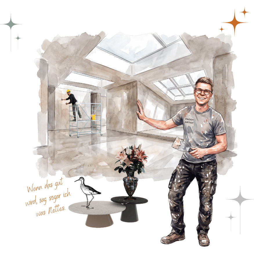 Aquarellillustration einer Renovierung: Ein Handwerker arbeitet in einem hellen Raum mit Dachfenstern, im Vordergrund steht ein Paddy Artist Handwerker mit Spachtel; daneben ein Vogel mit dem Spruch „Wenn das gut wird, sag sogar ich was Nettes“