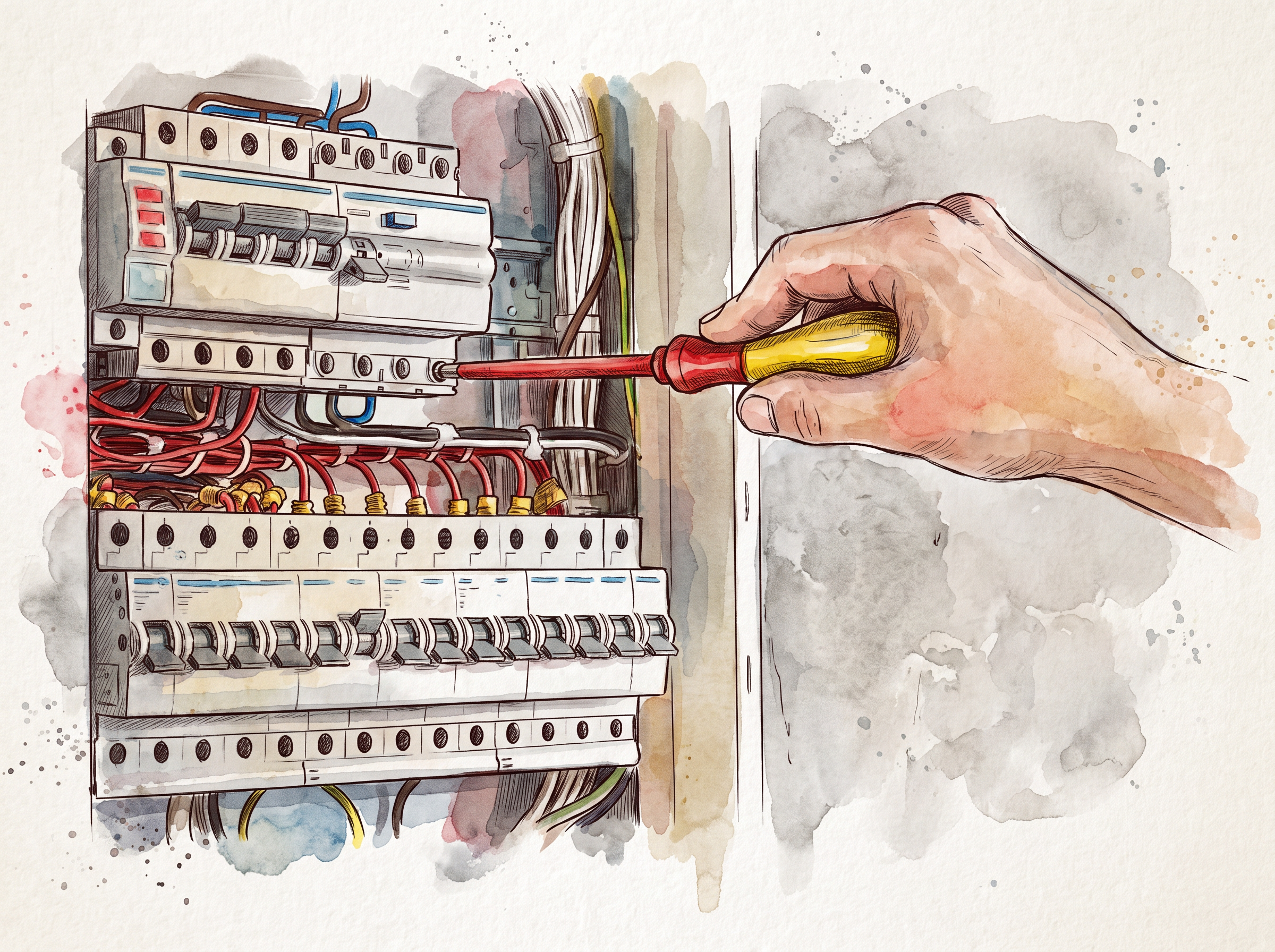 Aquarellillustration eines Elektrikers bei Arbeiten an einem Elektroverteiler für sichere Elektroinstallationen, Beleuchtung und technische Lösungen