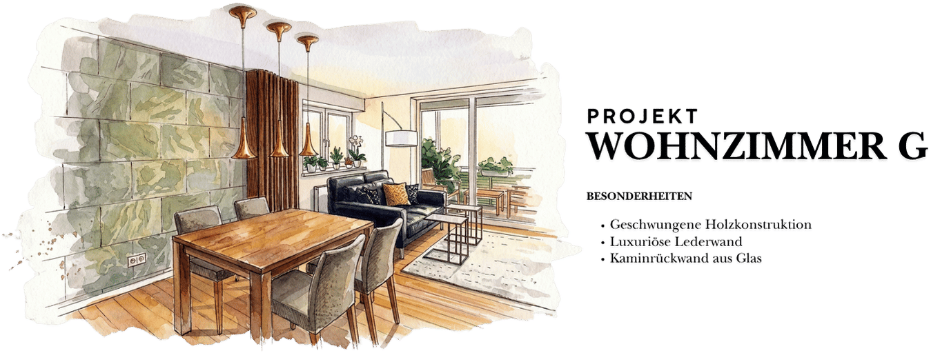 Aquarell-Visualisierung des Projekts Wohnzimmer S mit Essbereich, schwarzem Sofa und Holzlamellen; als Besonderheiten sind eine geschwungene Holzkonstruktion, eine Lederwand und eine Kaminrückwand aus Glas genannt
