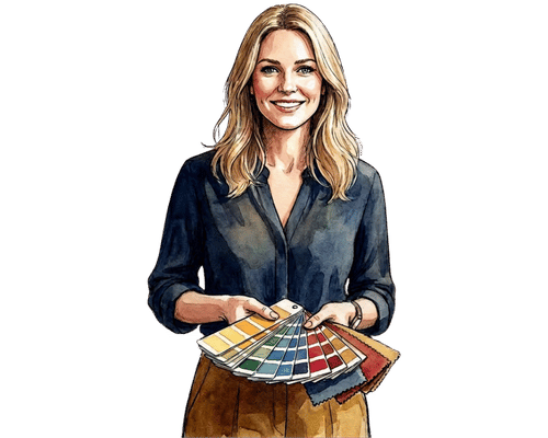 Aquarell-Illustration einer Interior Designerin mit Farbkarte in den Händen