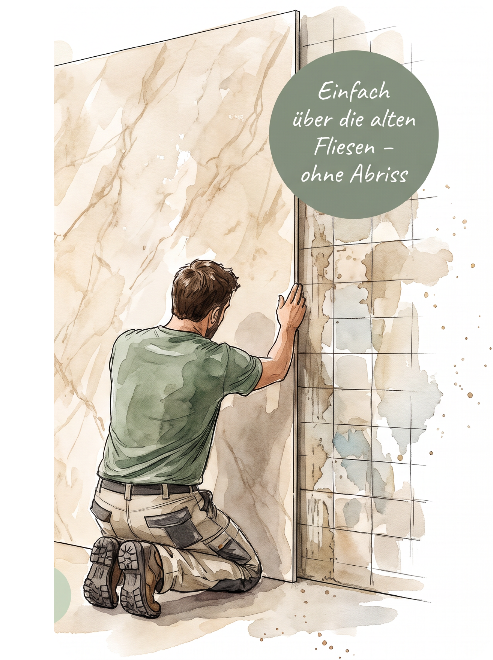 Illustration eines Handwerkers beim Gestalten einer fugenlosen Oberfläche über alten Fliesen mit dem Hinweis „Einfach über die alten Fliesen – ohne Abriss“