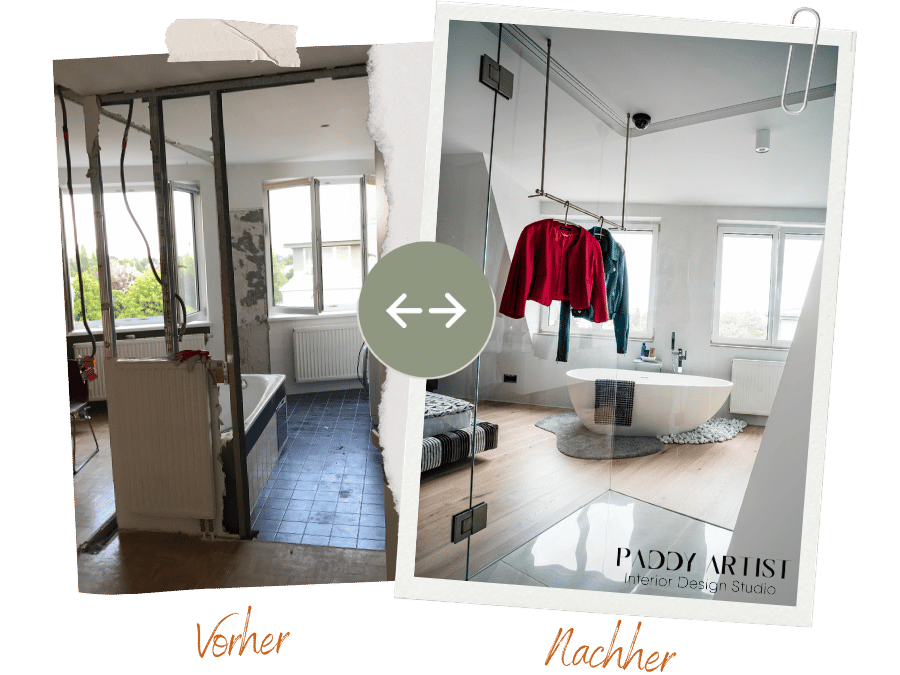 Vorher-Nachher-Vergleich eines Badezimmers: ein Raum mit dunklem Boden und verglaster Trennwand wurde zu einem hellen Bad mit freistehender Badewanne.
