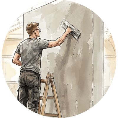Illustration eines Handwerkers, der eine Wandoberfläche mit einer Glättkelle gestaltet