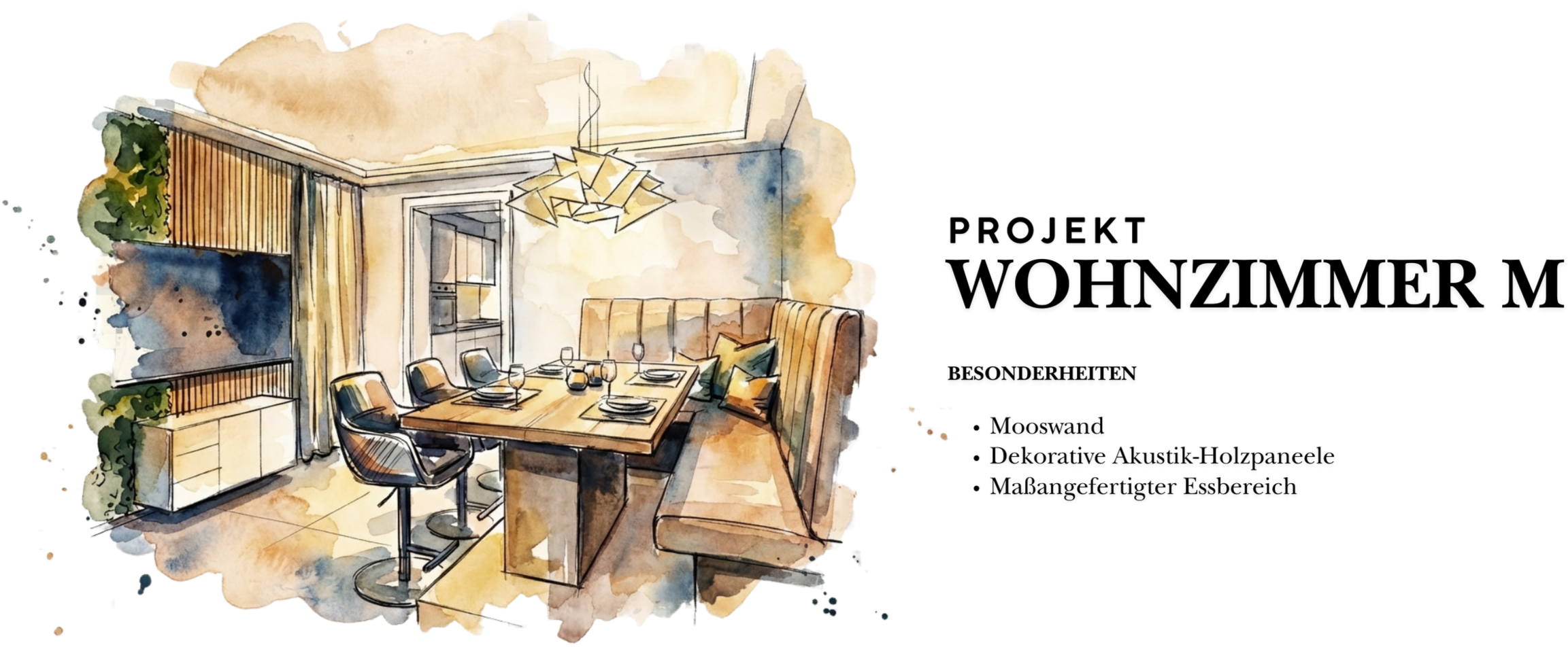 Illustration eines modernen Wohnzimmers mit integriertem Essbereich, Mooswand, dekorativen Akustik-Holzpaneelen und maßgefertigter Sitzbank - stilvolles Interior Design mit wohnlicher Atmosphäre, natürlicher Materialwirkung und edler Raumgestaltung