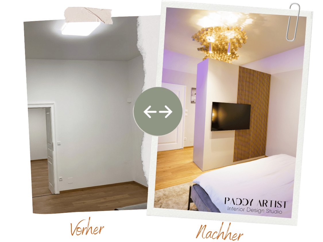 Vorher: Ein leeres, weißes Zimmer mit Holzfußboden und Deckenlicht. Nachher: Ein modern eingerichtetes Schlafzimmer mit Holzfußboden, einer Wandverkleidung, einem TV an der Wand, einer Deckenleuchte mit Blumenmuster, einem Bett und einer Tür.
