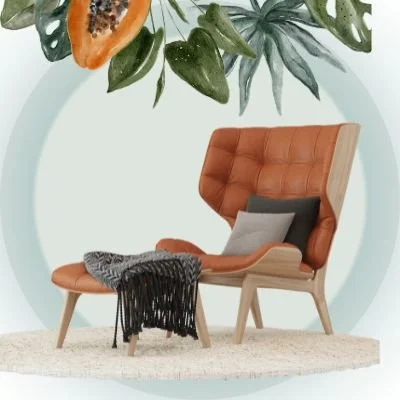 Icon für über 300 Luxusmöbel: brauner Design-Sessel mit Fußhocker.