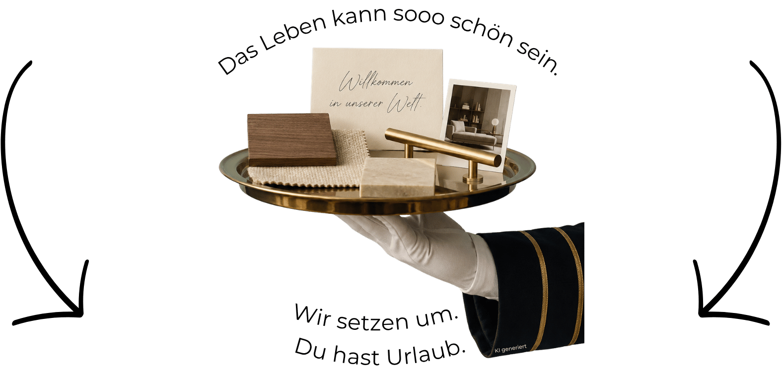 Weiße Handschuhhand präsentiert auf einem goldenen Tablett Holz, Stoff, Stein, einen Messinggriff und ein Wohnraumfoto unter dem Schriftzug „Das Leben kann sooo schön sein.“