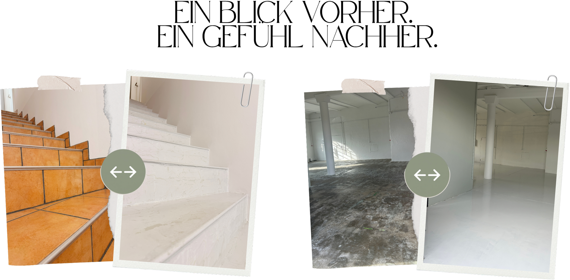 Vorher-Nachher-Vergleich einer Sanierung: Eine orange geflieste Treppe erhält eine helle Oberfläche, ein Raum mit rohem Betonboden einen hellen Bodenbelag
