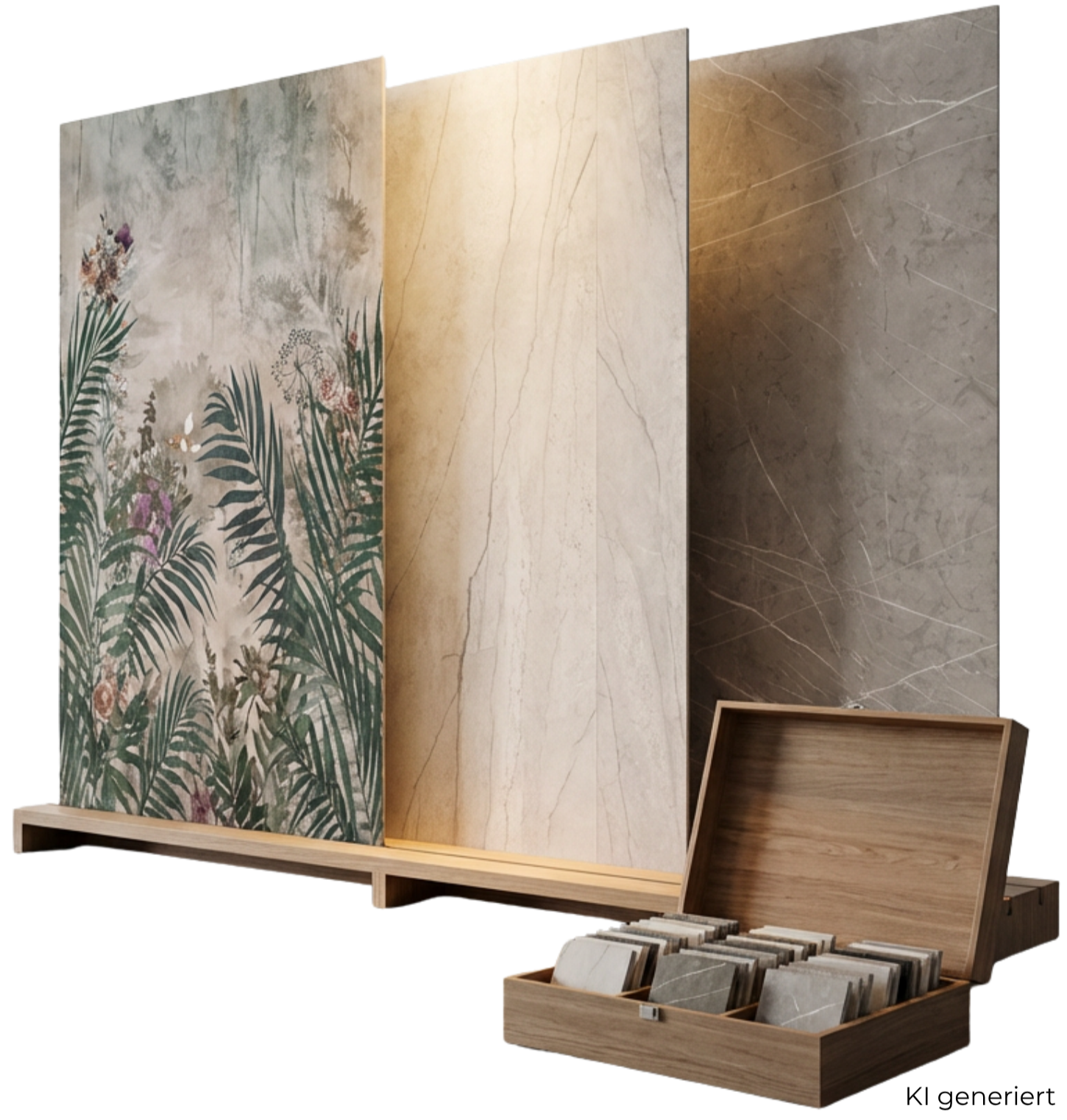 Auswahl großformatiger Wandplatten mit botanischem Muster und Steinoptik sowie Materialproben in einer Holzbox
