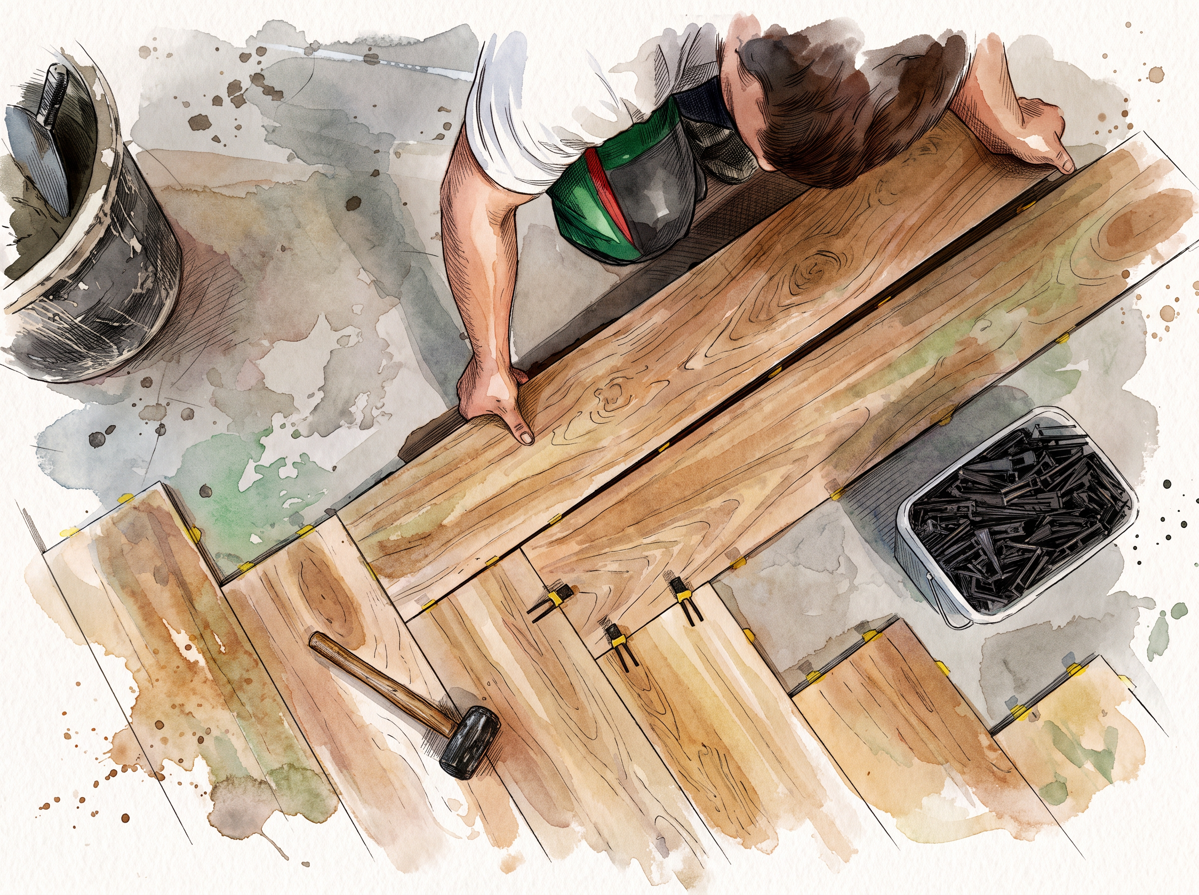Aquarellillustration eines Bodenlegers bei der fachgerechten Verlegung von Parkett und hochwertigen Bodenbelägen für Wohn- und Geschäftsräume