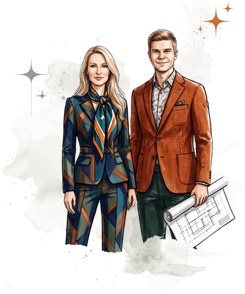 Illustration eines Interior-Design-Teams mit Bauplan als Symbol für professionelle Innenarchitektur, Raumplanung, individuelle Einrichtungskonzepte und persönliche Projektbegleitung von der Planung bis zur Umsetzung.