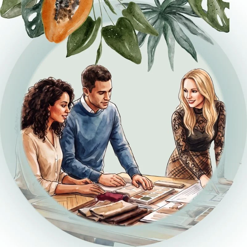 Illustration von Menschen, welche sich Stoffmuster und Farbkarten ansehen