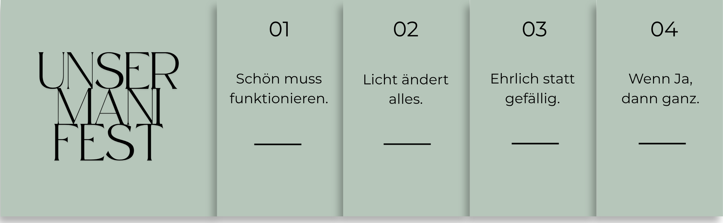Ein grafisches Design mit dem Titel "Unser Manifest" und vier Abschnitten mit Nummern und kurzen Sätzen in deutscher Sprache.