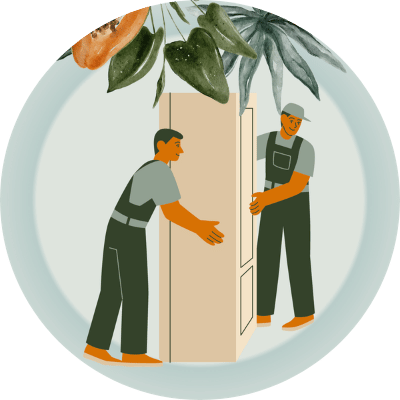 Icon für Maßmöbel mit zwei Handwerkern beim Einbau eines Schranks