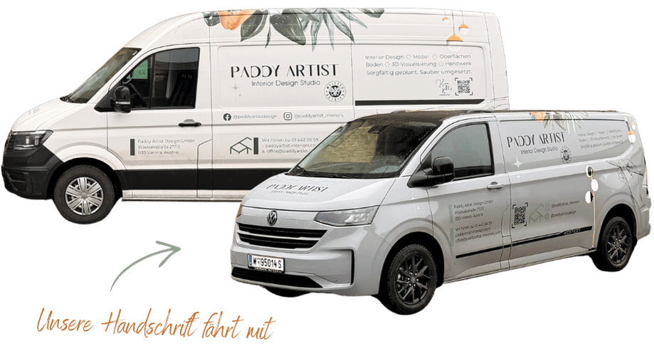 Zwei Ansichten des weiß folierten Paddy Artist Interior Design Studio Transporters mit Firmenlogo und Kontaktdaten.