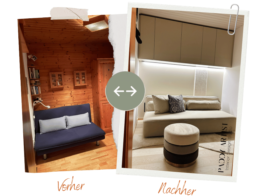 Vorher-Nachher-Vergleich eines Wohnbereichs: Holzverkleidung und blaues Sofa vor der Neugestaltung, danach eine helle Sitznische mit beigem Sofa, Einbauschränken und indirekter Beleuchtung.